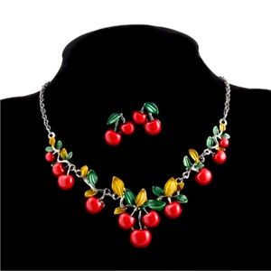 NWT. Betsy Johnson. Red Green Enameled Cherries jewelry Set(Necklace/Earrings)